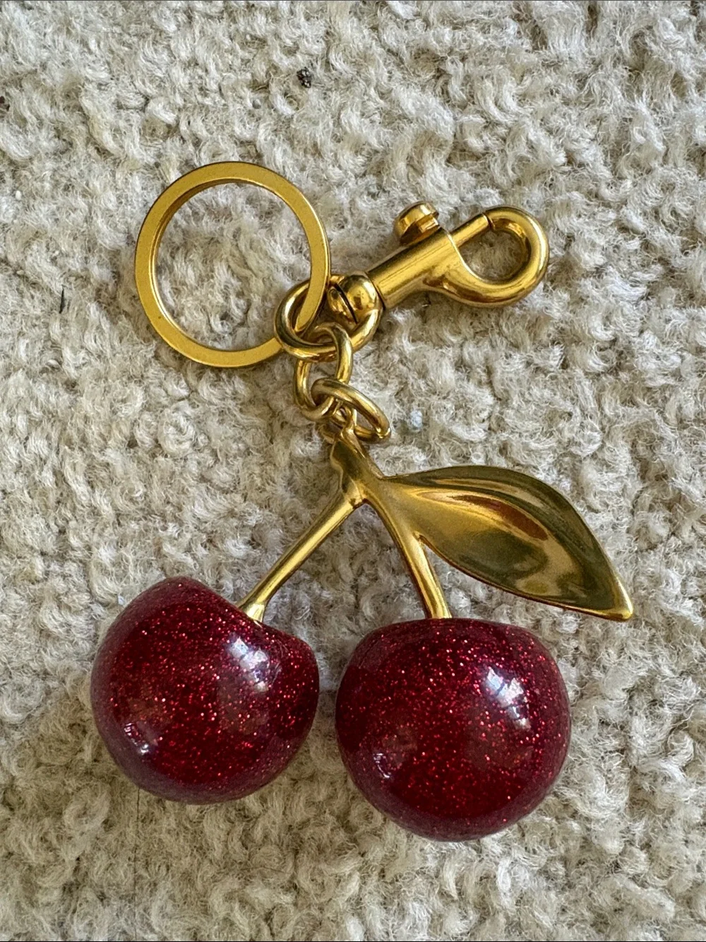 Gold-Tone Cherry Keychain with Red Glitter Cherries